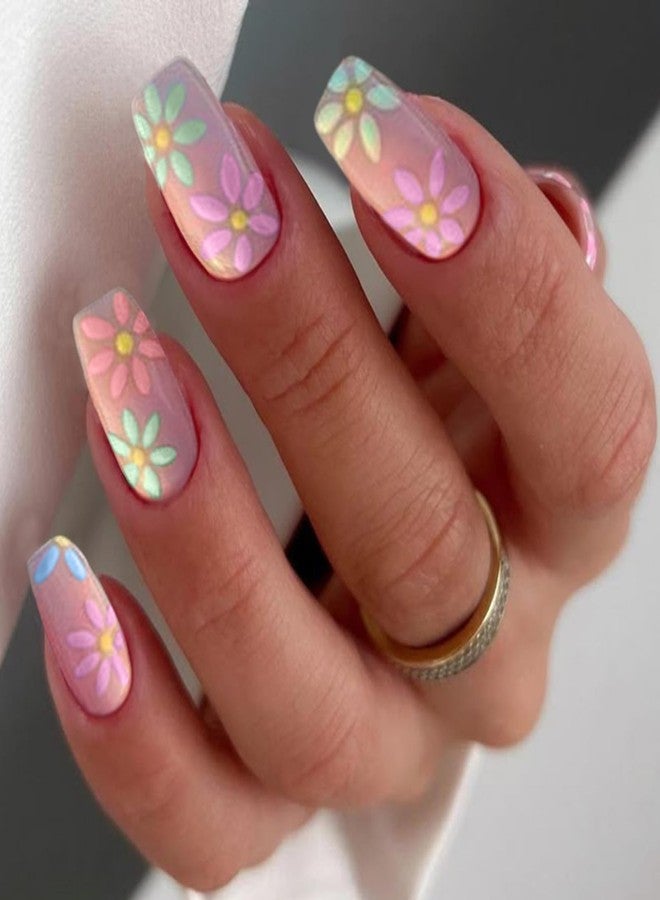 SEMATA Pink Flower Press on Nails Short Square Acrylic Nails Press ons Spring Summer Cute Glue on Fake Nail with Colorful Flower Designs Artificial Stick on False Nail for Women and Girls - Image 1